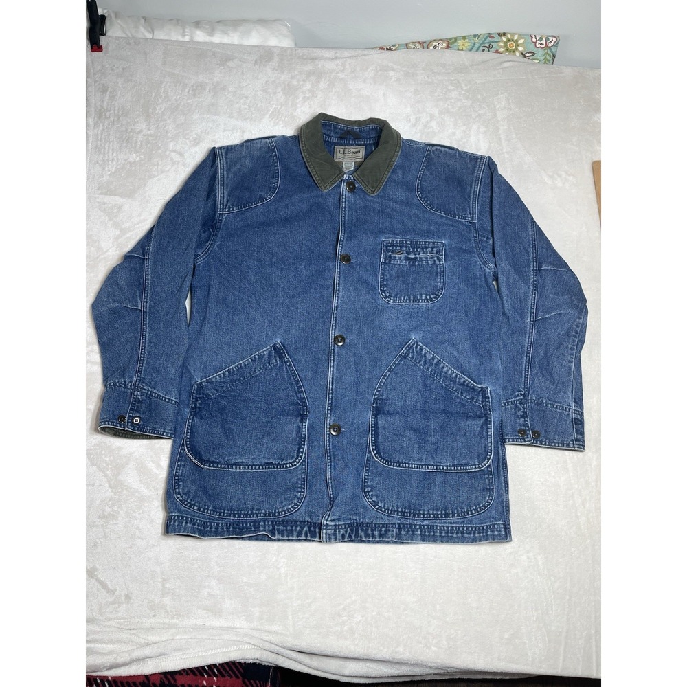 VTG LL Bean Denim L Barn Field Chore Coat Jacket Mens OJV93 Corduroy Collar EUC